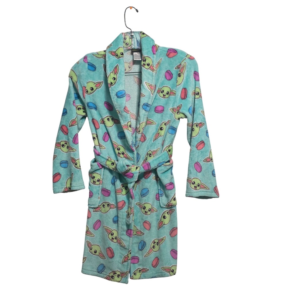 Star Wars Grogu Baby Yoda Teal Fleece Bathrobe Girls Size 10 Macaron Print‎ Robe